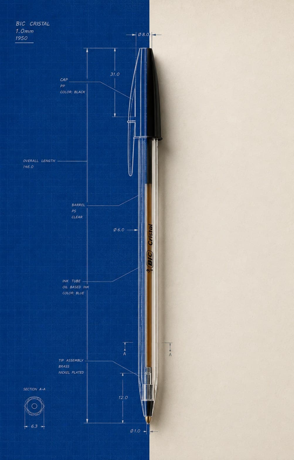 Projeto técnico da caneta Bic Cristal ao lado do produto final