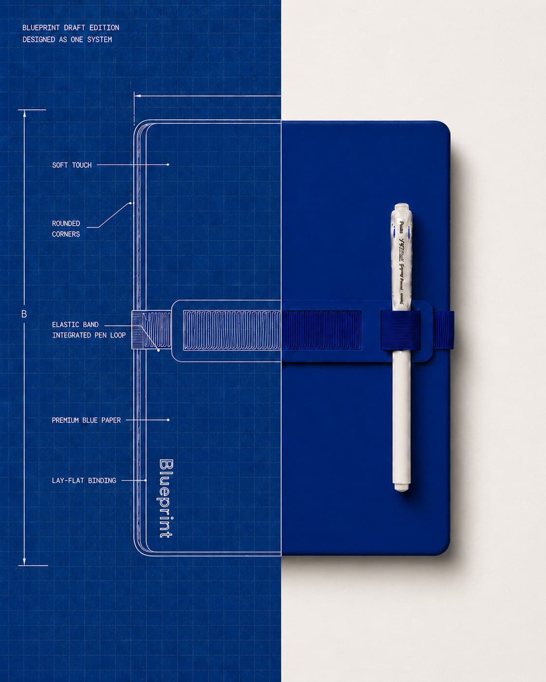 Projeto técnico do caderno Blueprint ao lado do produto final