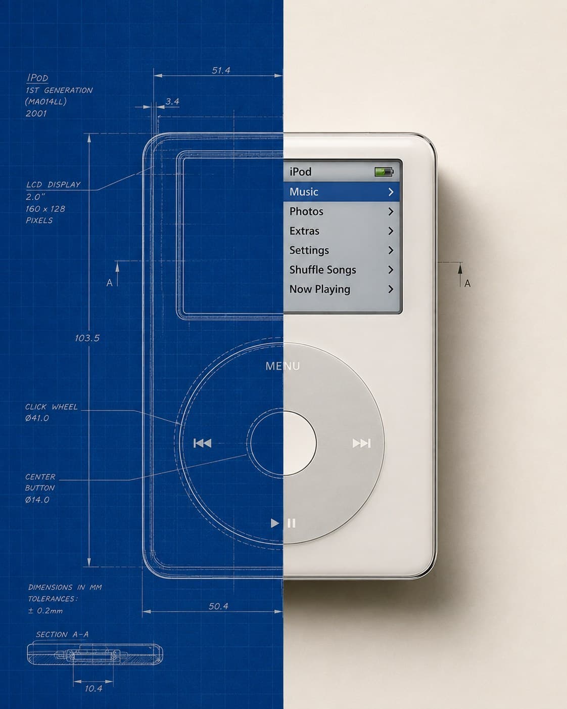 Projeto técnico do iPod ao lado do produto final