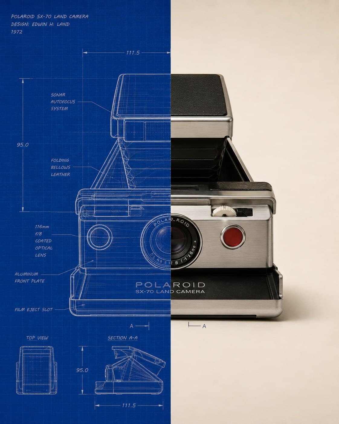 Projeto técnico da câmera Polaroid SX-70 ao lado do produto final