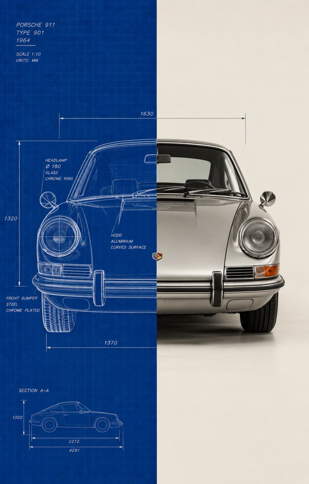 Projeto técnico do Porsche 911 ao lado do carro pronto